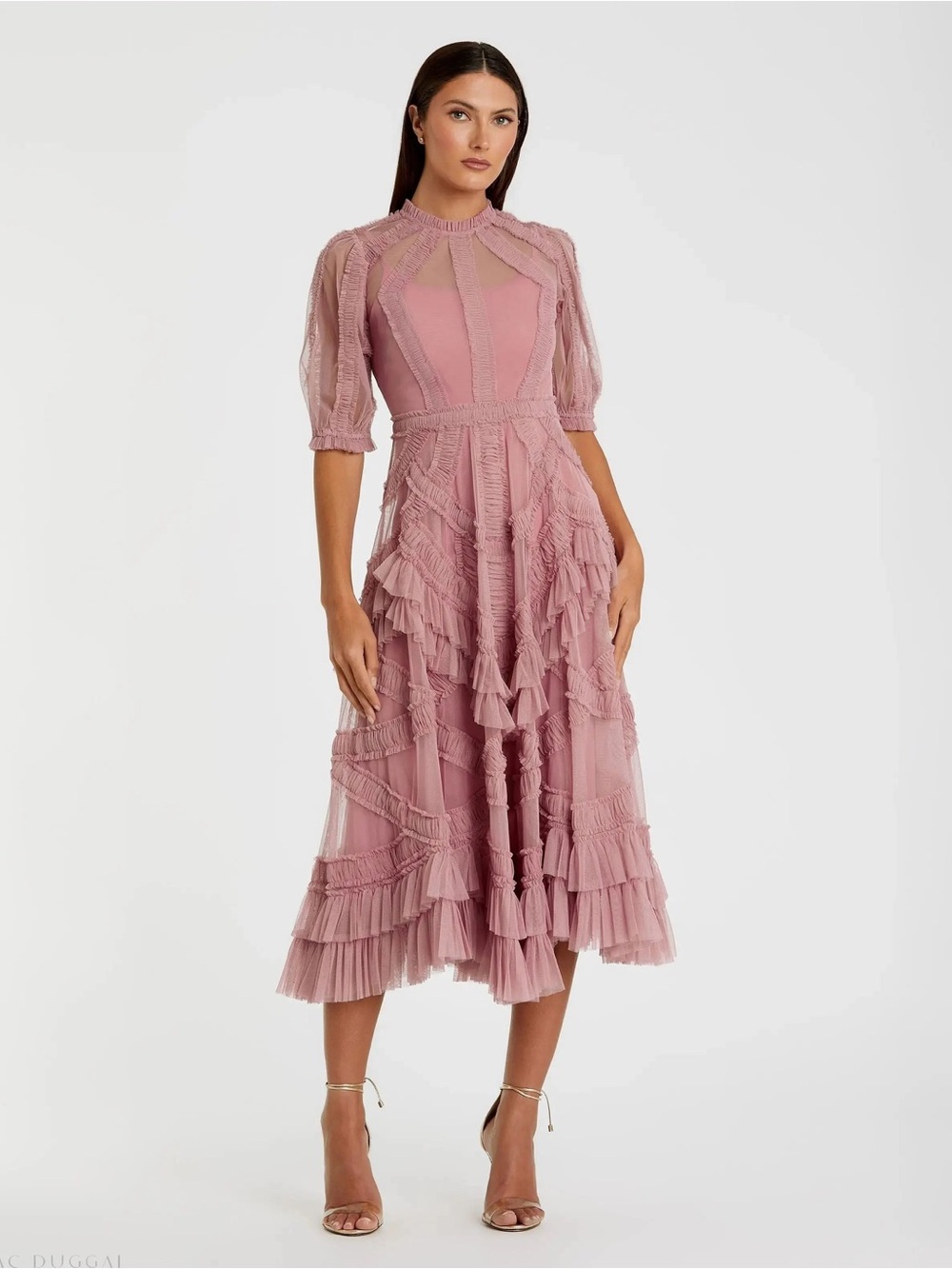 Mac Duggal 8058 High Neck Puff Sleeve Ruffle Tiered Midi Dress Sz 2 $698 NEW